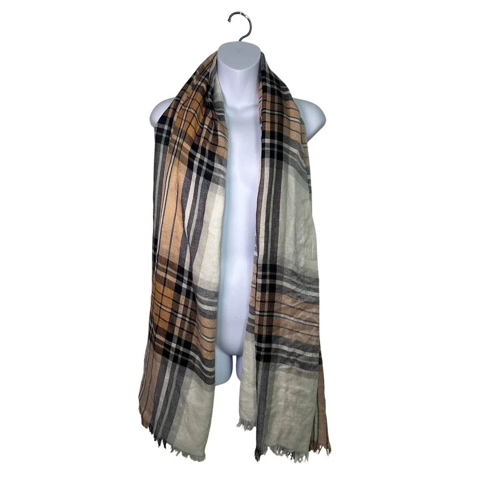 American Eagle Outfitters Plaid Scarf Peach Black White Tan Fringe One Size